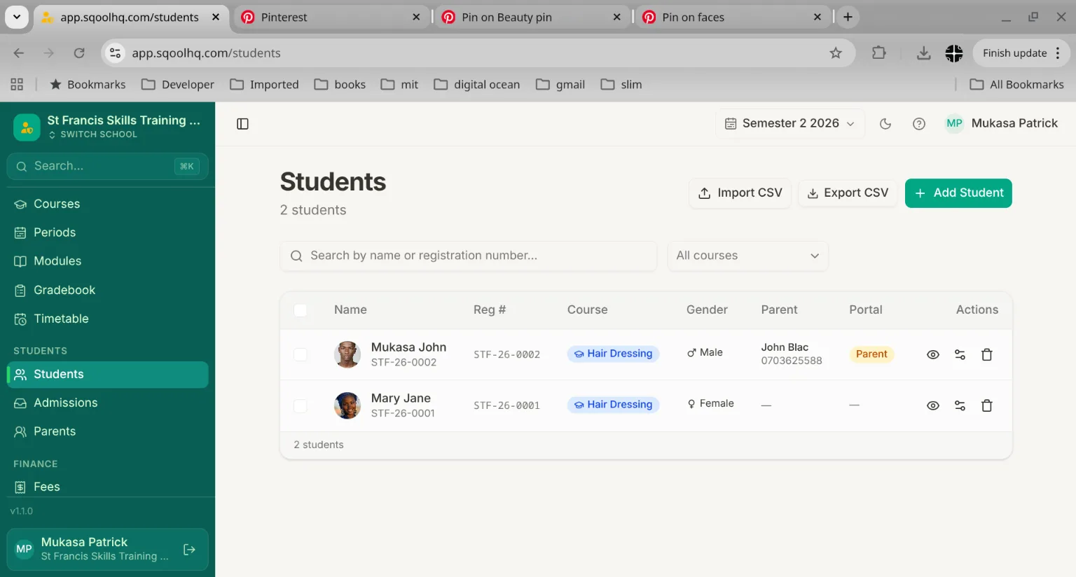 SqoolHQ student management dashboard showing class rosters and details